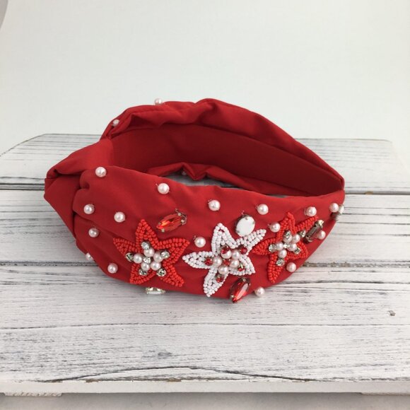 Alabama Roll Tide Crimson Red White Star Beaded Crystal Pearl Football Headband - Picture 4 of 6